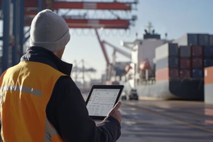Port worker in high-visibility vest using a tablet at a busy shipping terminal.