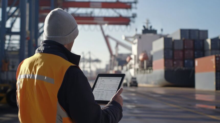 Port worker in high-visibility vest using a tablet at a busy shipping terminal.