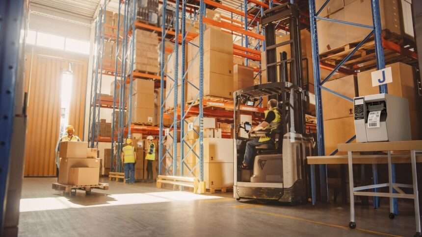 Warehouse workers in safety vests operating a forklift and managing inventory in a facility.