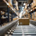 A cardboard package moves along a conveyor belt in a warehouse.
