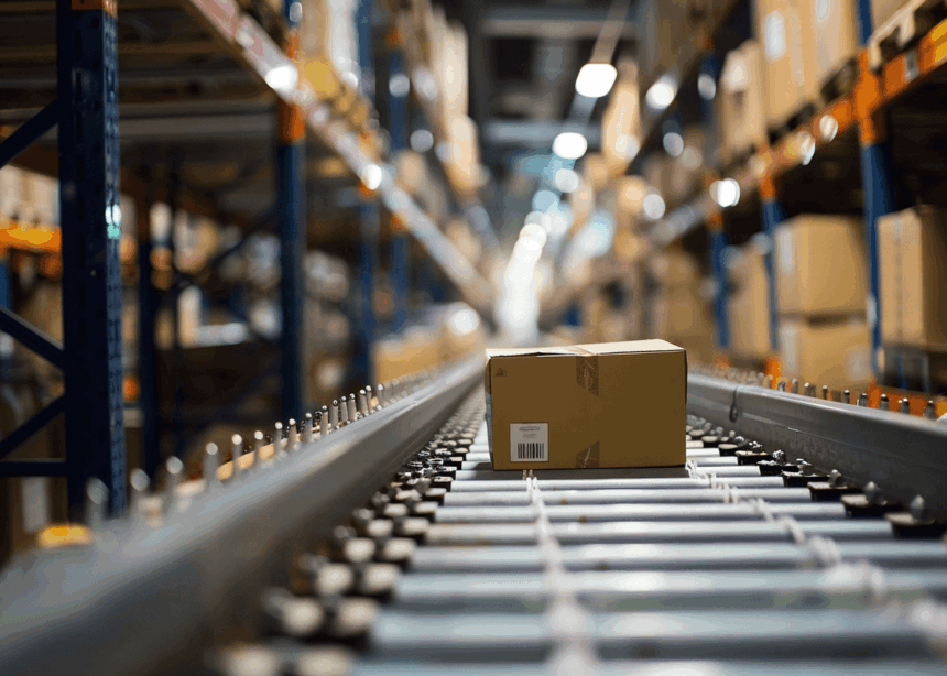 A cardboard package moves along a conveyor belt in a warehouse.