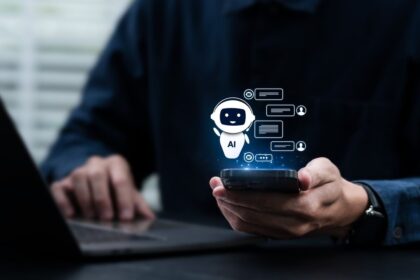Person using a smartphone with a floating AI chatbot interface and messaging icons.