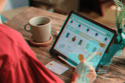 Person shopping online on a tablet with digital code overlay and a credit card.