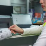A worker pulls a shipping label printed from a thermal printer in a warehouse.