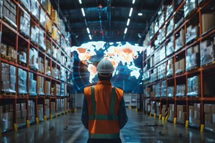 Worker in safety gear viewing a digital world map in a large warehouse.
