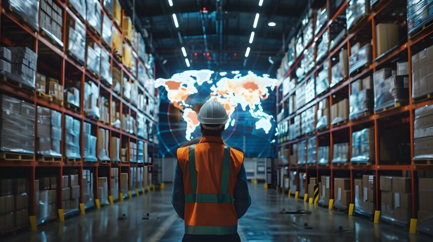 Worker in safety gear viewing a digital world map in a large warehouse.