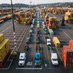 Aerial view of semi-trucks queuing between rows of stacked shipping containers at a port.