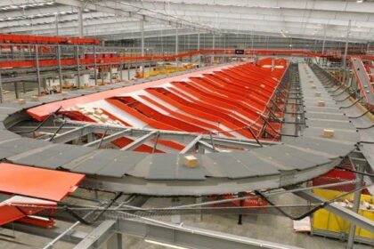 Automated parcel sorting system with conveyor belts in a large distribution warehouse.