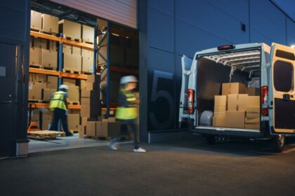 Workers in high-visibility vests loading boxes into a delivery van at a warehouse dock.