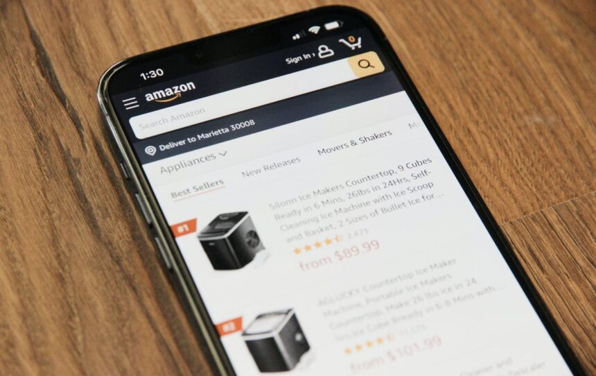 A smartphone displaying the Amazon website's best-selling ice makers list.