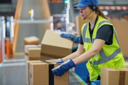 A warehouse worker in a high-visibility vest placing boxes onto a conveyor belt.