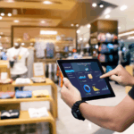 A person uses a tablet displaying a store management dashboard in a clothing store.