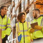 Three warehouse workers in high-visibility vests discussing logistics in a storage facility.