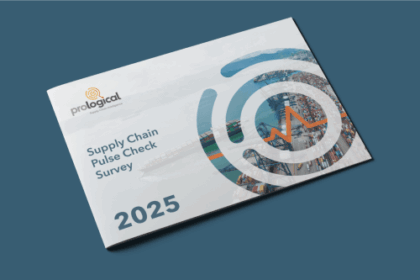 A brochure titled Prological Supply Chain Pulse Check Survey 2025 showing a container port.