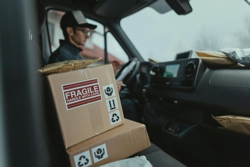 Delivery driver in a van with stacked cardboard packages, one marked Fragile.