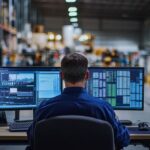 A worker monitoring computer screens in a large warehouse with forklifts.