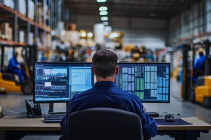 A worker monitoring computer screens in a large warehouse with forklifts.