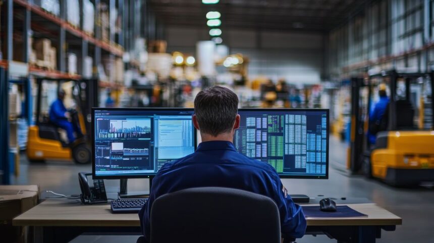 A worker monitoring computer screens in a large warehouse with forklifts.
