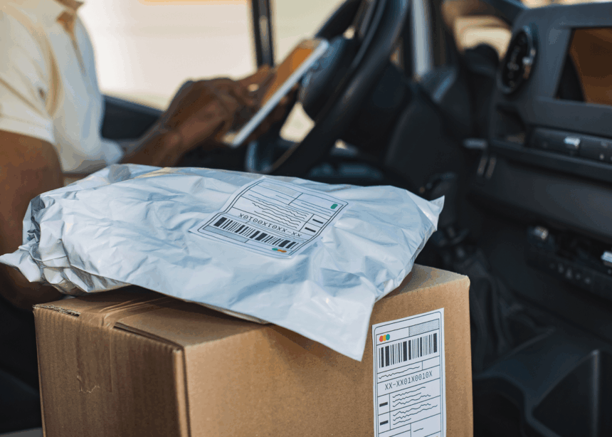 A delivery driver inside a truck with a cardboard box and a plastic mailer.