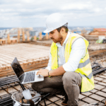 A construction engineer in a hard hat and safety vest works on a laptop.