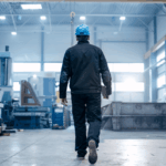 Worker in a hard hat walking through a large industrial manufacturing factory.