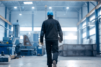 Worker in a hard hat walking through a large industrial manufacturing factory.