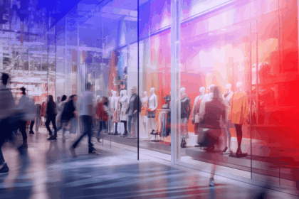 Blurry silhouettes of people walking past brightly lit, colorful store window displays.