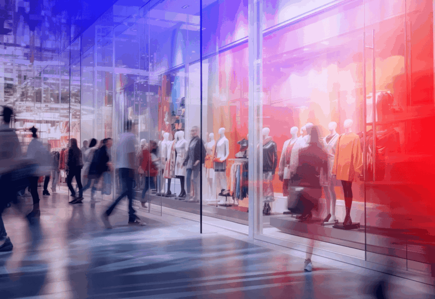 Blurry silhouettes of people walking past brightly lit, colorful store window displays.