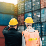 Two workers in hard hats standing before stacked shipping containers at a port.