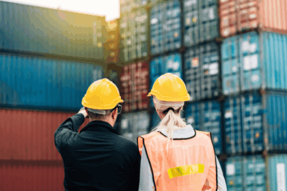 Two workers in hard hats standing before stacked shipping containers at a port.