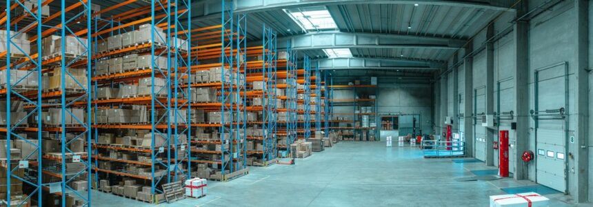 Modern industrial warehouse featuring rows of high metal shelving stacked with cardboard boxes.