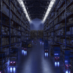 Automated robots transport shelves of goods through a dim, large-scale industrial warehouse.