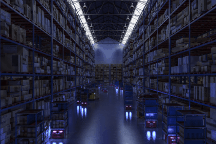 Automated robots transport shelves of goods through a dim, large-scale industrial warehouse.