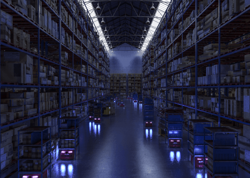 Automated robots transport shelves of goods through a dim, large-scale industrial warehouse.