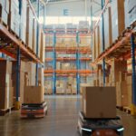 Two autonomous robots carrying boxes through a large, high-racked warehouse aisle.