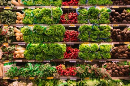 Shelves in a grocery store stocked with fresh lettuce, radishes, and root vegetables.