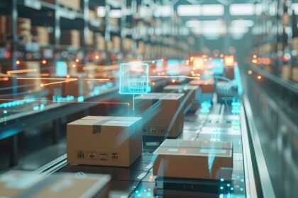 Cardboard boxes moving on an automated conveyor belt in a high-tech warehouse.