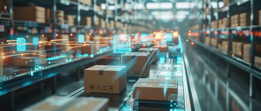 Cardboard boxes moving on an automated conveyor belt in a high-tech warehouse.