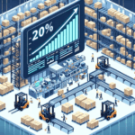 Isometric view of a modern warehouse with automated conveyors, forklifts, and growth statistics display.