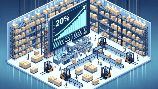 Isometric view of a modern warehouse with automated conveyors, forklifts, and growth statistics display.