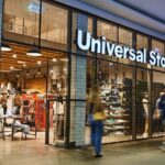 Storefront of a Universal Store in a shopping mall with shoppers passing by.