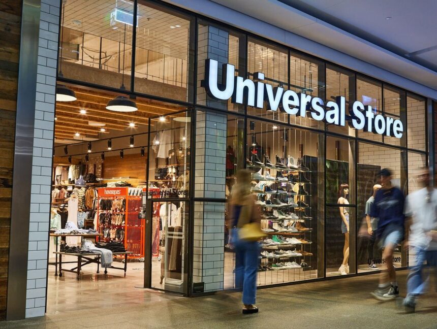 Storefront of a Universal Store in a shopping mall with shoppers passing by.