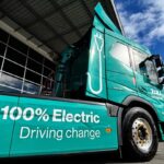 A teal Toll 100% electric semi-truck parked outside a building under a blue sky.