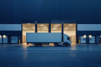 A semi-truck parked in front of a brightly lit industrial warehouse loading bay.