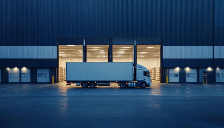 A semi-truck parked in front of a brightly lit industrial warehouse loading bay.
