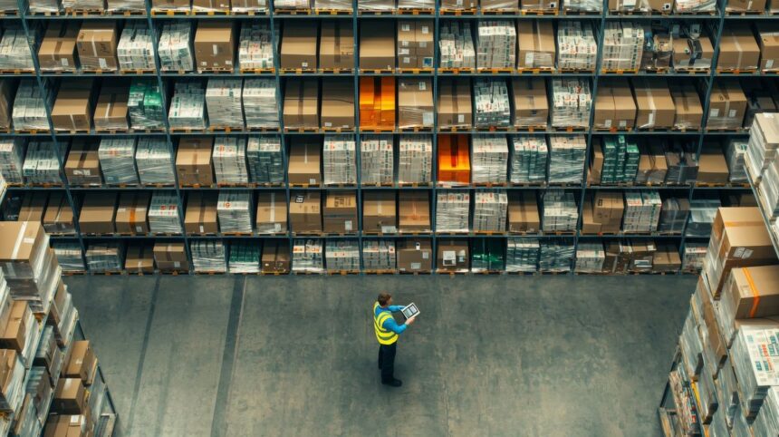 Worker using a tablet in a large warehouse with rows of inventory shelves.