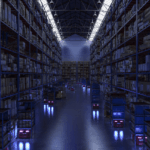 Automated robots transporting shelving units through a large, dimly lit warehouse.