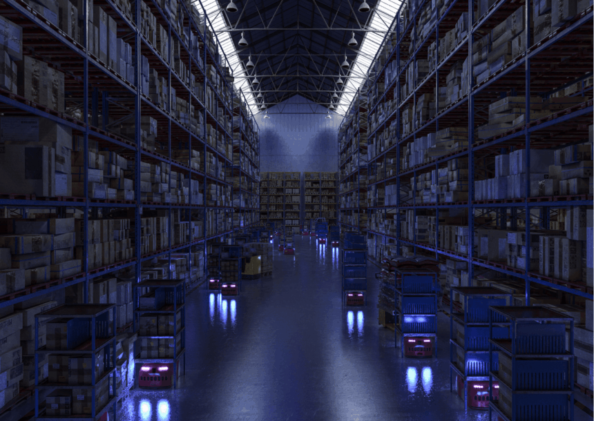 Automated robots transporting shelving units through a large, dimly lit warehouse.