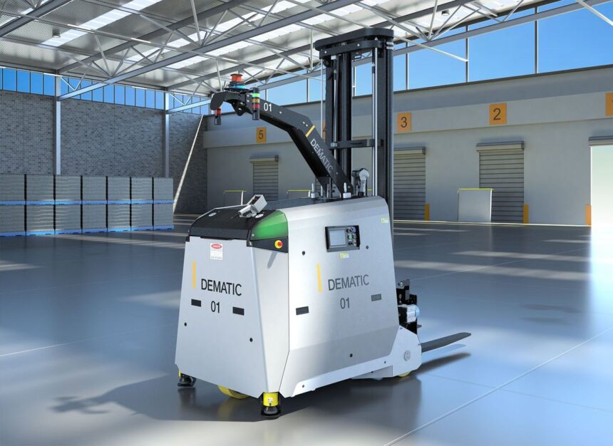 A Dematic automated forklift vehicle in a bright, modern warehouse setting.