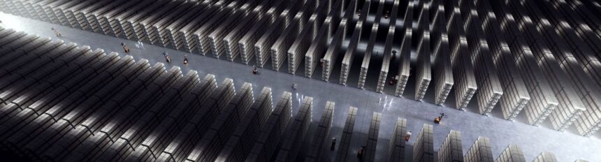 High-angle view of an expansive warehouse with rows of shelves and forklifts.